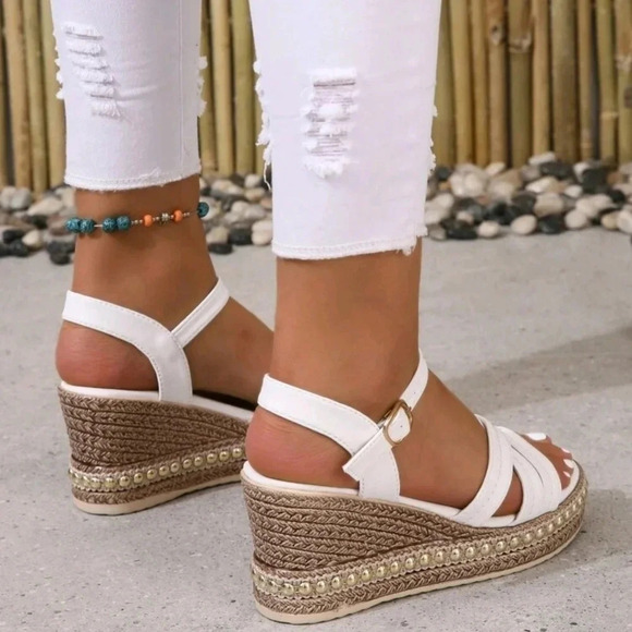 Buckle Decor Espadrille Sole Wedge Sandals, Vacation Beach Ankle Strap Sandals - Picture 5 of 6